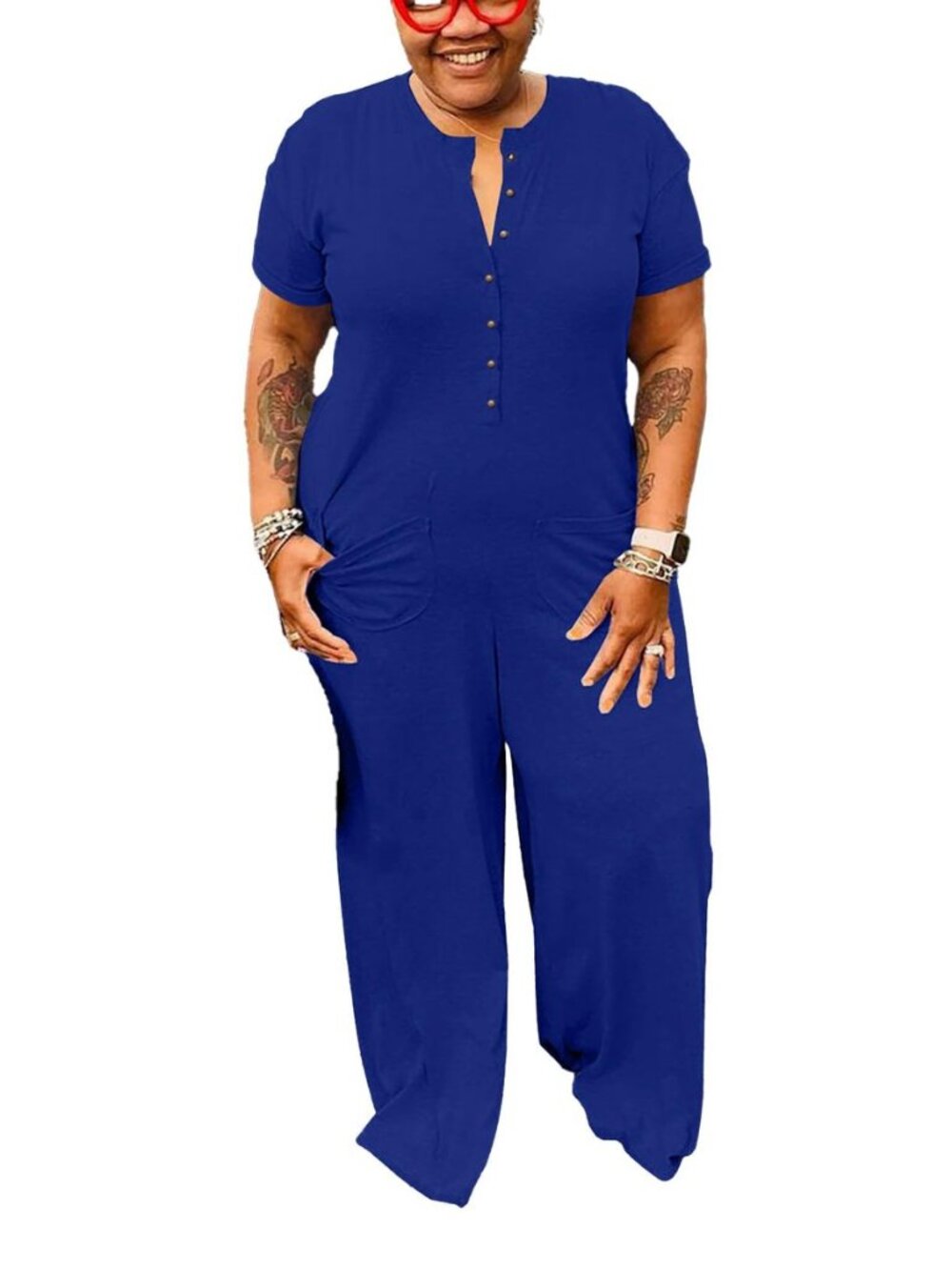 Plus Size Women Short Sleeve Loose Jumpsuit Casual Rompers One Piece Button Up